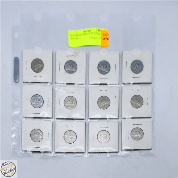 12 X 5 CENT NICKELS WITH BEAVER 1950-1961