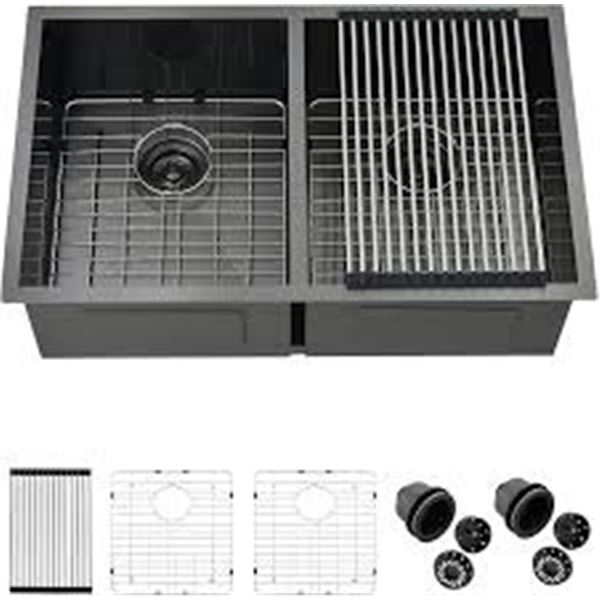 NEW 3O BLACK DOUBLE KITCHEN SINK UNDERMOUNT