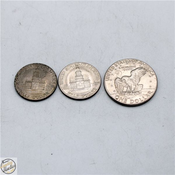 LOT W/ 1974 US DOLLAR & 2 1976 US HALF DOLLARS