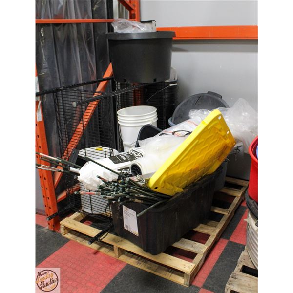 PALLET OF RACK, BINS, STAKES AND MORE