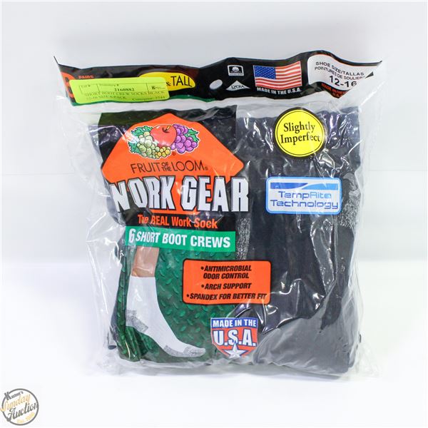 SHORT BOOT CREW SOCKS BLACK 12-16 SIZE 6-PACK