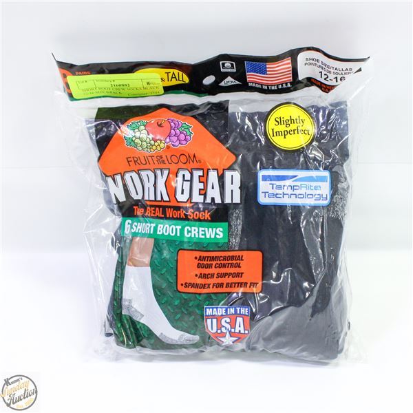 SHORT BOOT CREW SOCKS BLACK 12-16 SIZE 6-PACK