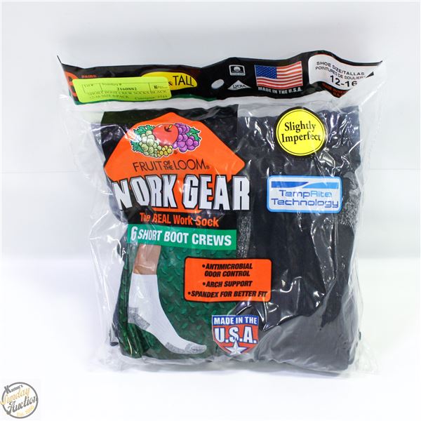 SHORT BOOT CREW SOCKS BLACK 12-16 SIZE 6-PACK