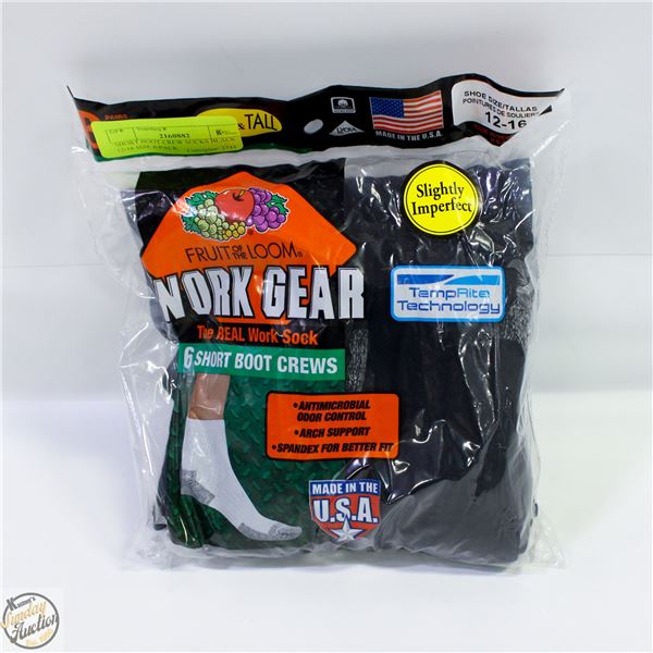 SHORT BOOT CREW SOCKS BLACK 12-16 SIZE 6-PACK