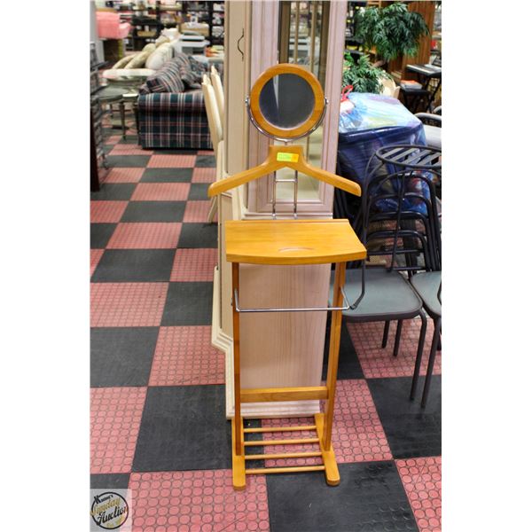 WOOD VALET STAND WITH MIRROR 55 INCHES TALL