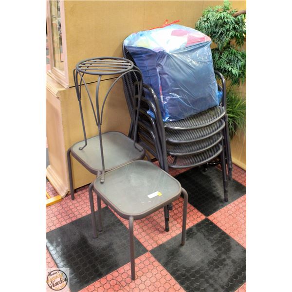 4 BLACK METAL PATIO CHAIRS WITH 2 END TABLE