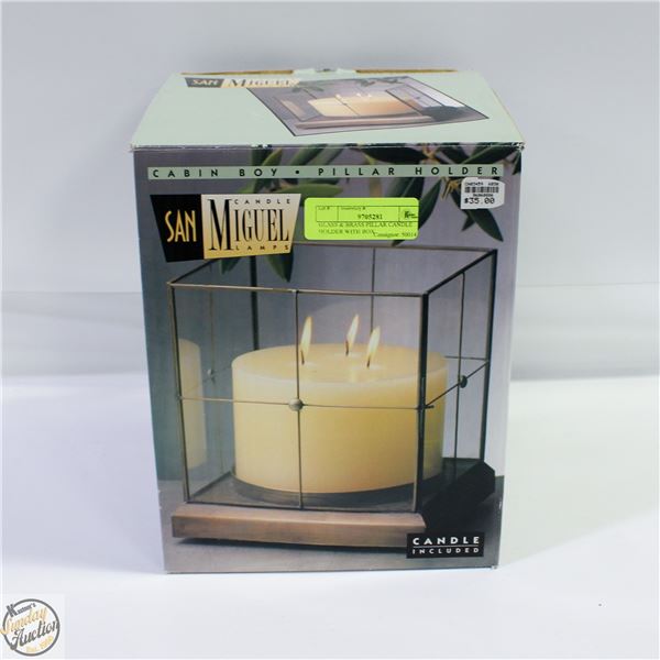 GLASS & BRASS PILLAR CANDLE HOLDER WITH BOX