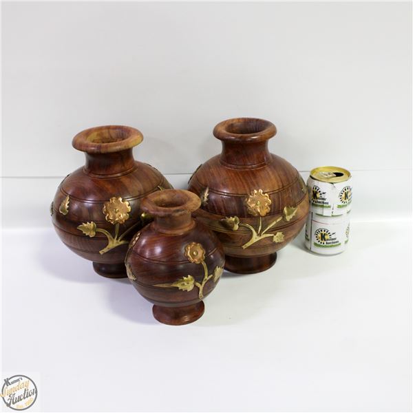 SET OF 3 BRASS INLAY WOODEN VASES
