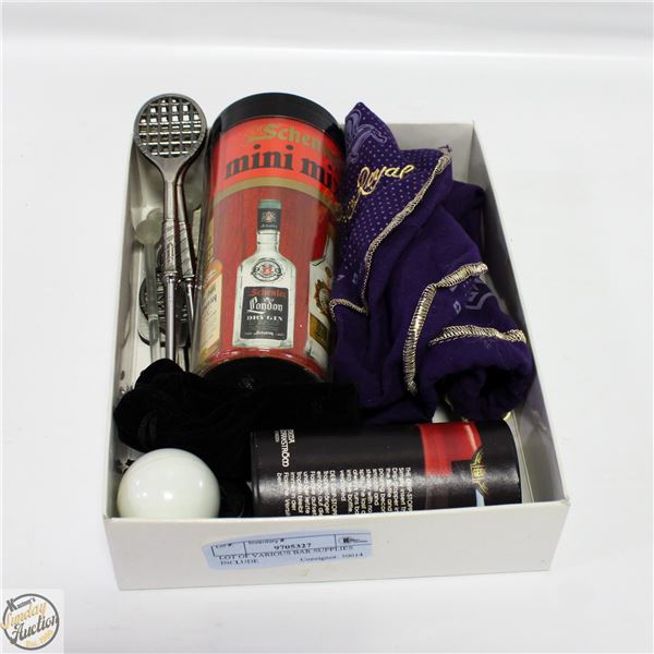 LOT OF VARIOUS BAR SUPPLIES INCLUDE