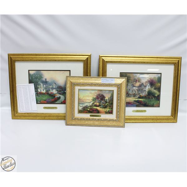 3 GOLD FRAMED PRINTS BY THOMAS KINKADE, 2 FRAMED