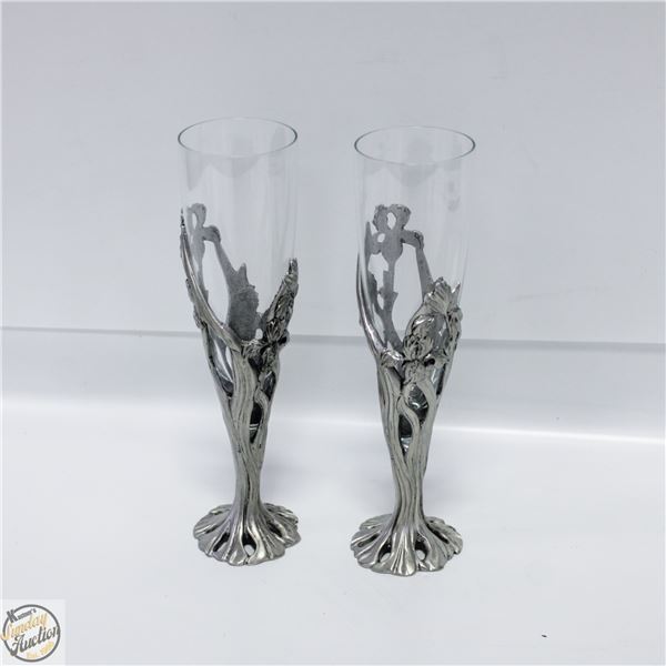 2 SEAGULL CANADA PEWTER WINE GLASSES FLOWERS 8"