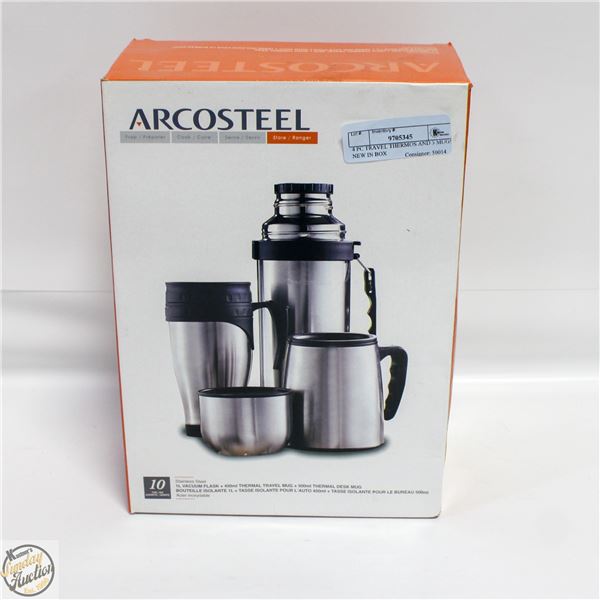 4 PC TRAVEL THERMOS AND 3 MUGS NEW IN BOX