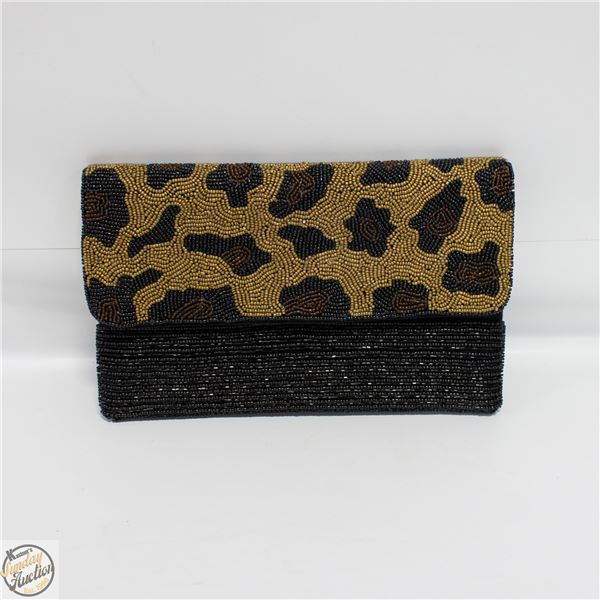LEOPARD PRINT BEADED CLUTCH WITH METAL STRAP