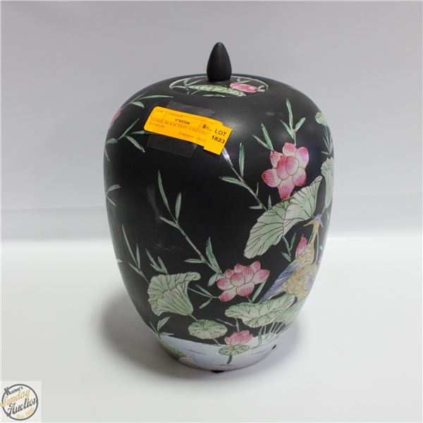 FLORAL BLACK ASIAN VASE/URN WITH LID 13" TALL