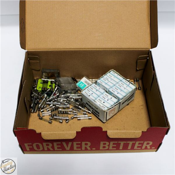 BOX FULL OF GLASS FUSES ASSORTED