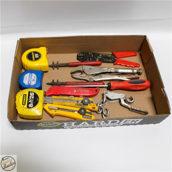 TAPE MEASURES, OLFAS, VISE GRIPS,