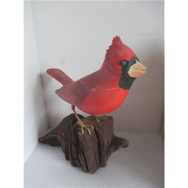 RED CARVED WOOD CARDINAL 8 INCHES HIGH