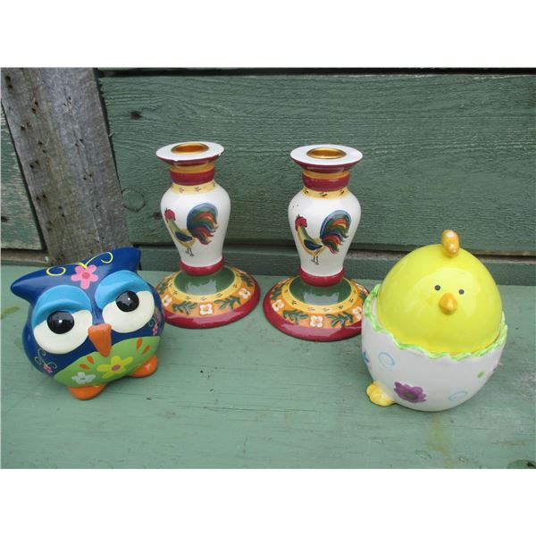 CANDLES STICKS, OWL, EGG HOLDER