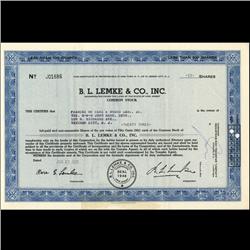 1960s Lemke Stock Certificate Scarce Blue (COI-3434)