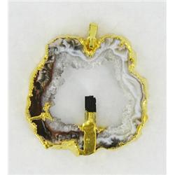 65ct Carved Druzy Agate Tourmaline Pendant Super Sparkler Gold Vermeil (JEW-1712)