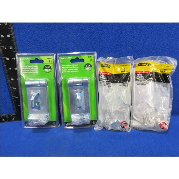 "NEW - 2 Hillman Heavy Duty Hasps 7 1/4"" & 2 Stanley 6"" Rotating Post Hasps "