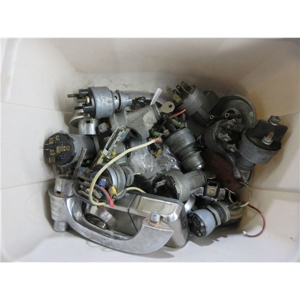 Tub of Vintage Used Auto Locks and Other Auto Parts