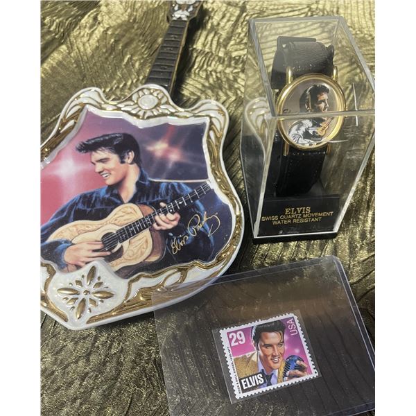 Elvis Ceramic Wall Plate in shape of guitar,  Watch and Stamp