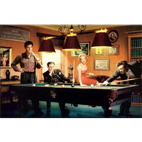Elvis Presley, Marilyn Monroe, James Dean, Humphrey Bogart    Billiard Pool Table  Artwork 12" X 18"