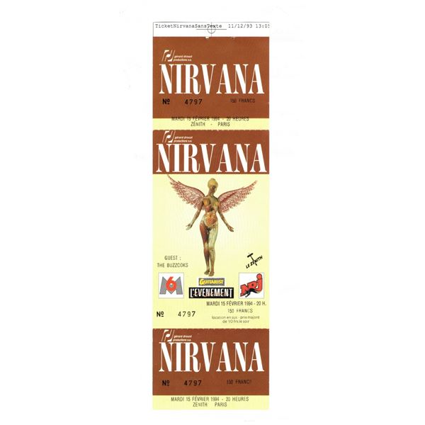 Original Concert Ticket for Cancelled Nirvana Concert February 15, 1994 in Paris