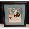 Image 1 : Panda w/ Squirrel Artwork w/ Asian Calligraphy Mark, Framed & Matted 16.5" x 18"