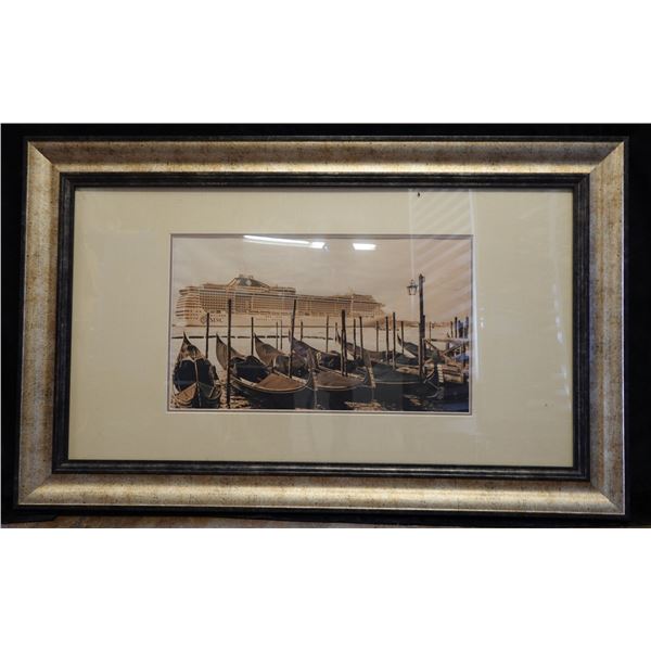 Floating Gondolas Fronting MSC Cruise Ship Artwork, Framed & Matted 47" x 29"