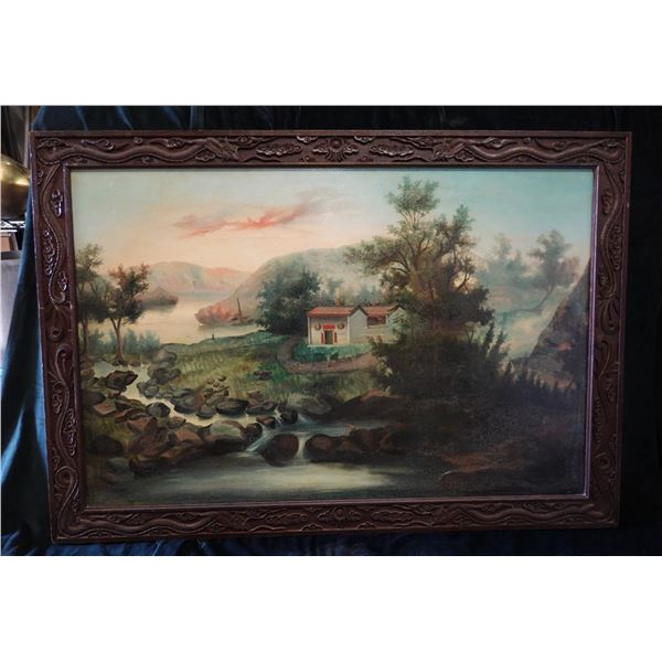 Very Large Artwork, Landscape Scene, Wood Framed 56" x 39"
