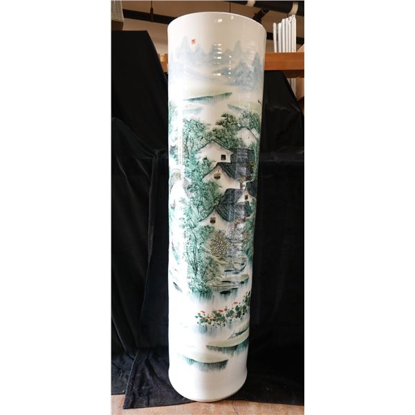 Very Tall Porcelain Cylinder Vase w/ Asian Landscape & Calligraphy 16" Dia, 62"H