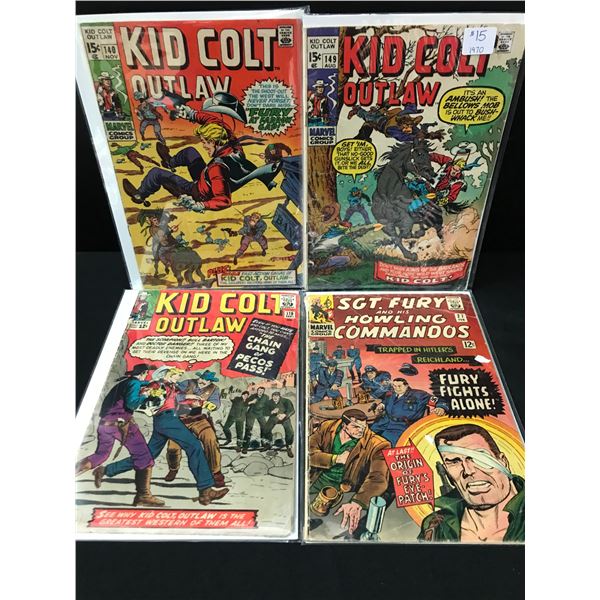 LOT OF 4 MILITARY STYLE COMICS 3 X KID COLT OUTLAW AND 1 X SGT. FURY AND HIS HOWLING COMMANDOES