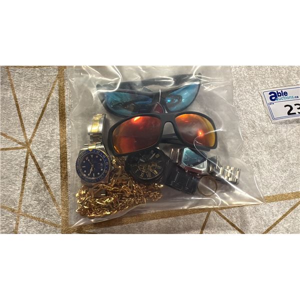 BAG OF JEWELRY , WATCHES AND SKI GLASSES WITH TAGS