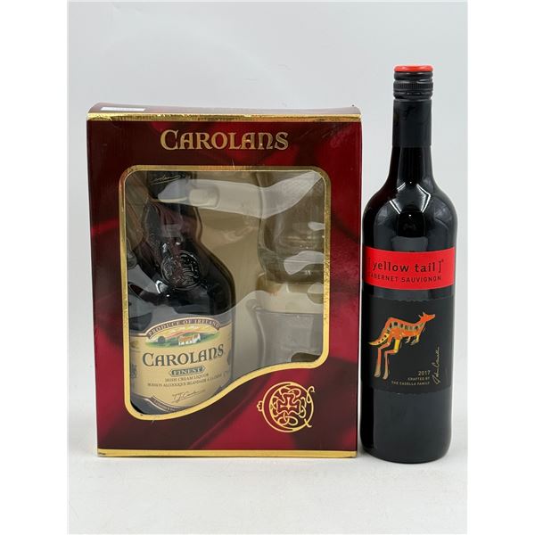 Sealed Yellow Tail Cabernet Sauvignon & Carolans Irish Cream Liquor w/ 2 Glasses