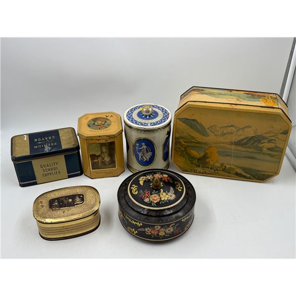 Lot of Assorted VTG Tins w/ Tea Tin, School Supplies Tin, & More