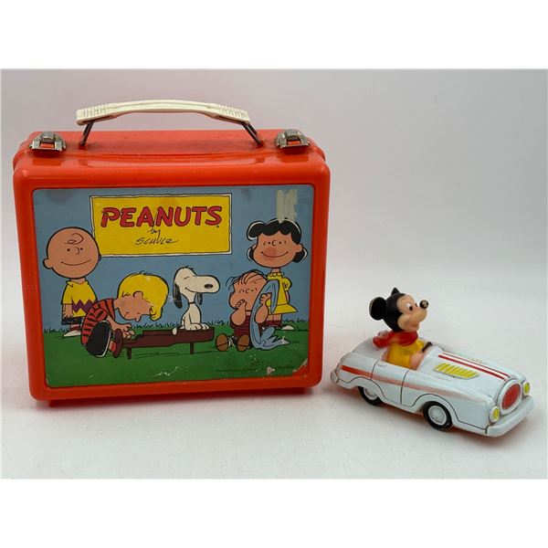 1950s Peanuts Lunch Kit & Rubber Mickey Mouse Squeak Toy
