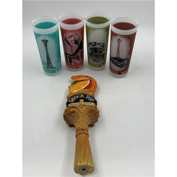 VTG Seattle World Fair Glasses & Belgian White Beer Tap Handle