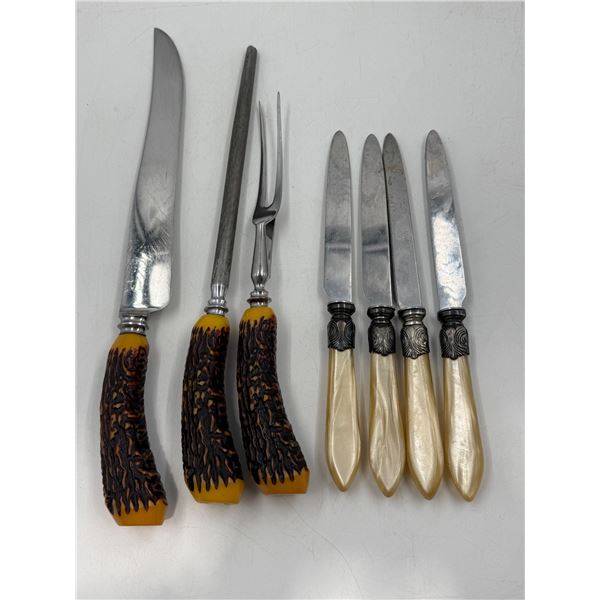 Mother of Pearl Handled Knives & Faux Antler Carving Set