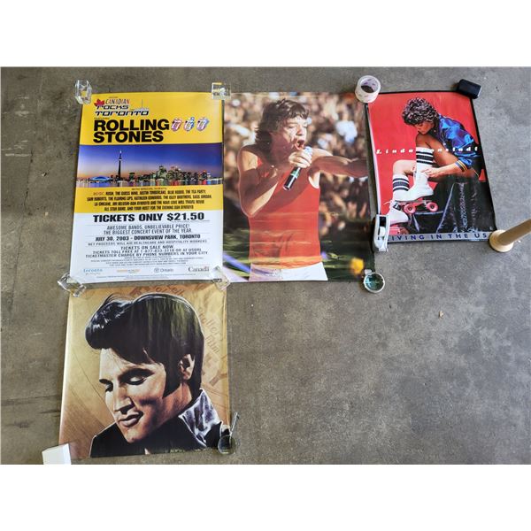 4 Music Posters w/ Rolling Stones, Elvis Presley, Mick Jagger, & Linda Ronstadt