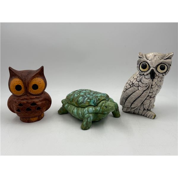 Owl Tealight Holder, Tortoise Trinket Box, & Owl Figurine