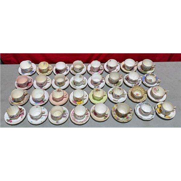 Lot of Assorted Bone China Teacups & Saucers (Adderley, Royal Vale, Royal Albert, etc.)