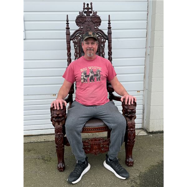 Gothic-Style Mahogany Throne Chair w/ Lion Head Accents