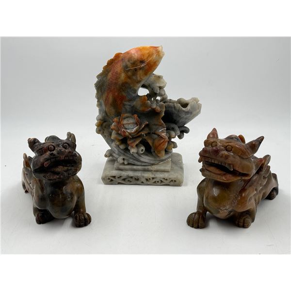 Pair of Chinese Stone Guardian Lions & Stone Koi Fish Sculpture
