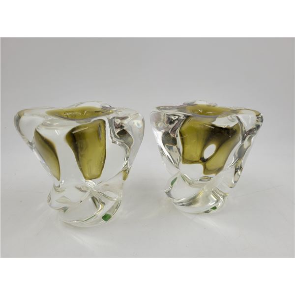 Pair of Chalet Olive Green Sommerso Glass Candleholders Made in Canada