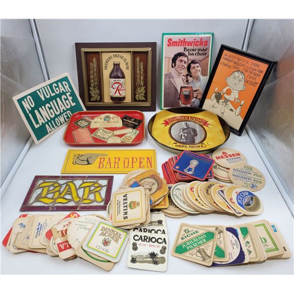 Vintage Bar Collectibles: Coasters, Signs, Rainer Advertisement, & Trays
