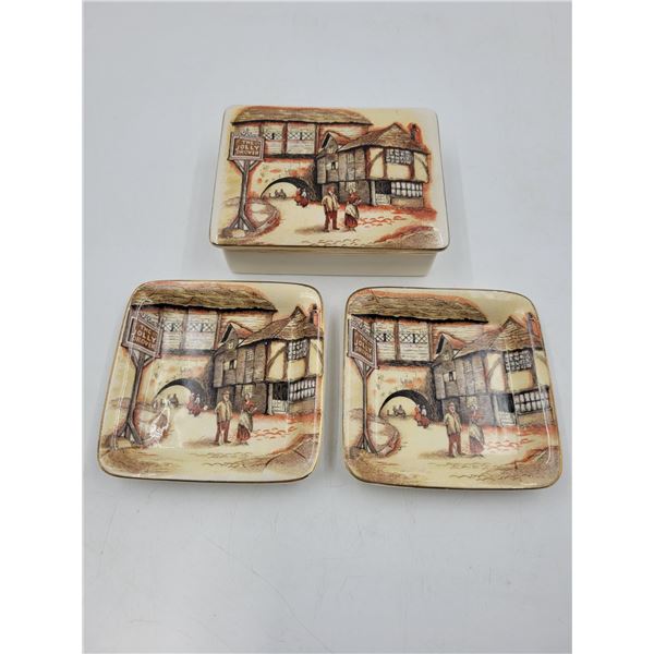 3 Pieces Of Vintage Sandland Ware: Dishes & Lidded Container