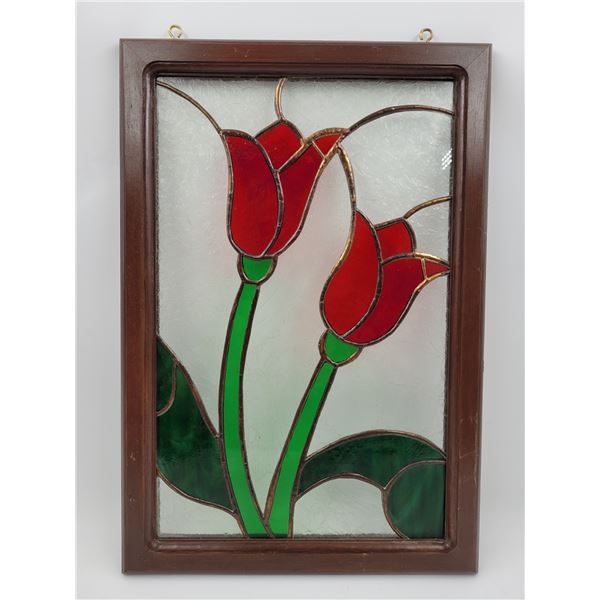 Vintage Rose Stained Leaded Glass Window Panel