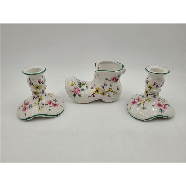 3 Pieces Of Vintage Old Foley: Boot Planter & 2 Candlestick Holders